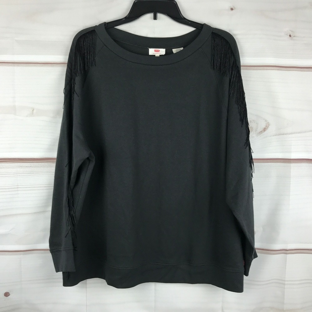 Levi's Sweatshirt Women 1X Black Crew Neck Fringe Trim Scoop Neck Pullover Solid